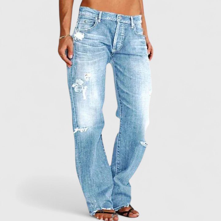 Women's Distressed Denim Jeans Mid Rise Loose Fit Straight Leg - Light Blue