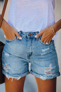 Women's Distressed Denim Shorts Mid-Rise Frayed Hem - Blue