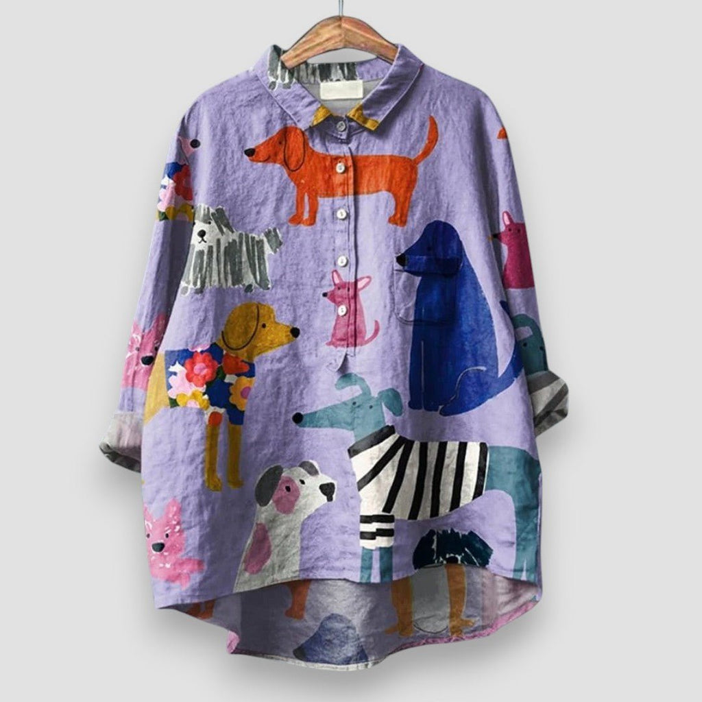 Women's Dog Print Long Sleeve Collared Button-Down Shirt - Purple