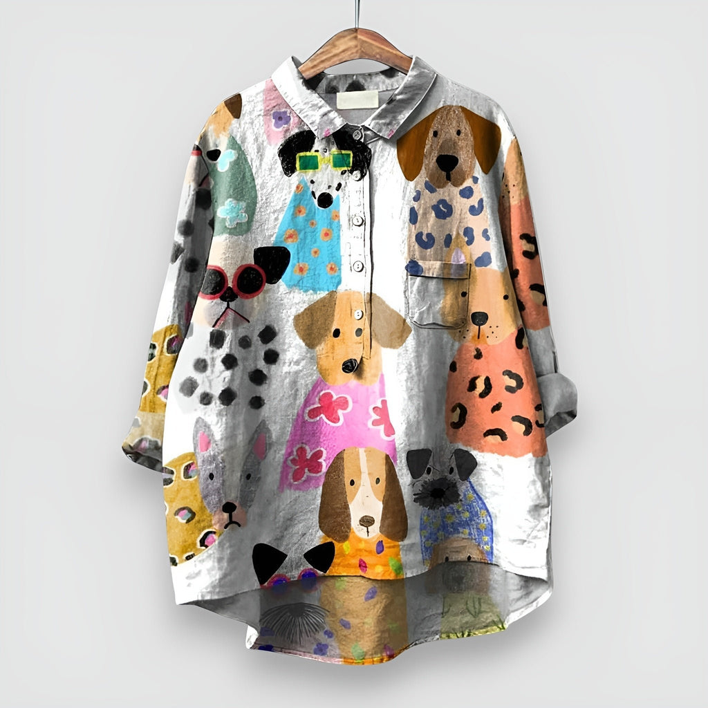 Women's Dog Print Long Sleeve Collared Button-Down Shirt - White