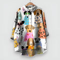 Women's Dog Print Long Sleeve Collared Button-Down Shirt - White