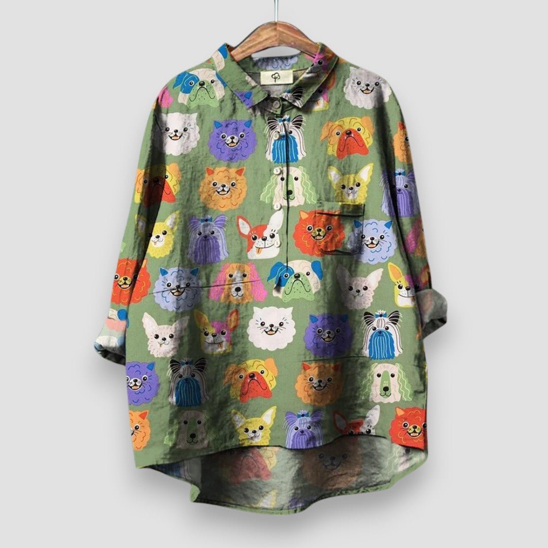 Women's Dog Print Long Sleeve Collared Button-Down Shirt - Green