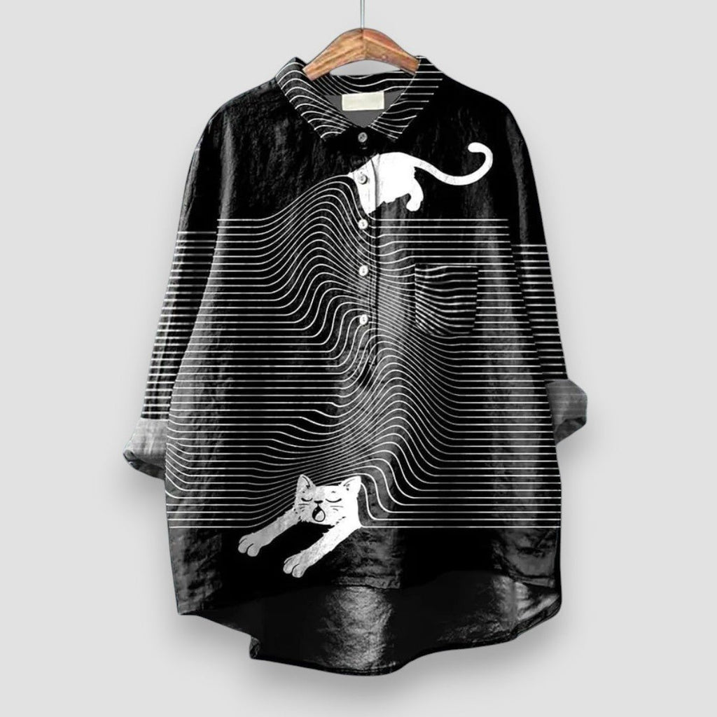 Women's Dog Print Long Sleeve Collared Button-Down Shirt - Black