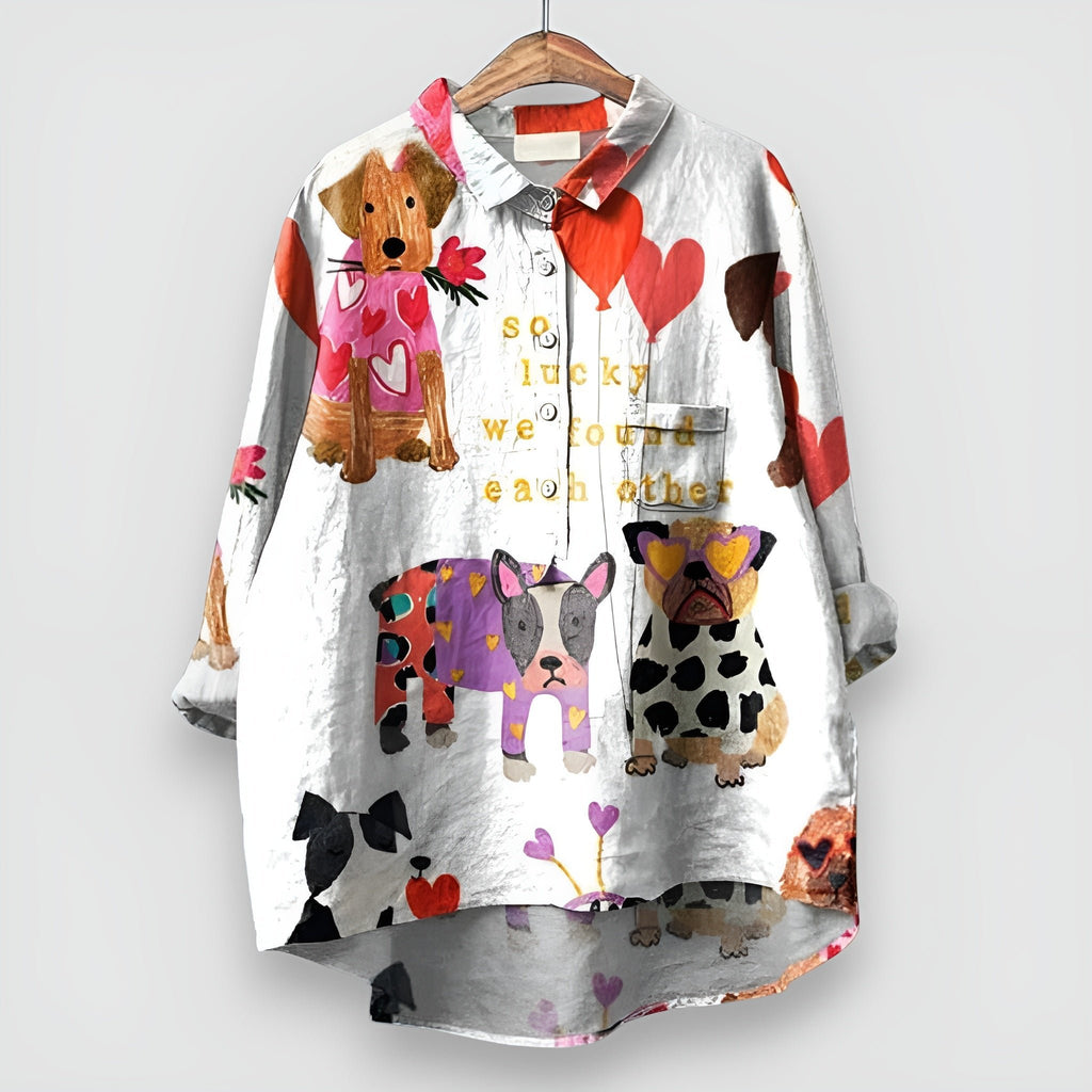 Women's Dog Print Long Sleeve Collared Button-Down Shirt - White 2