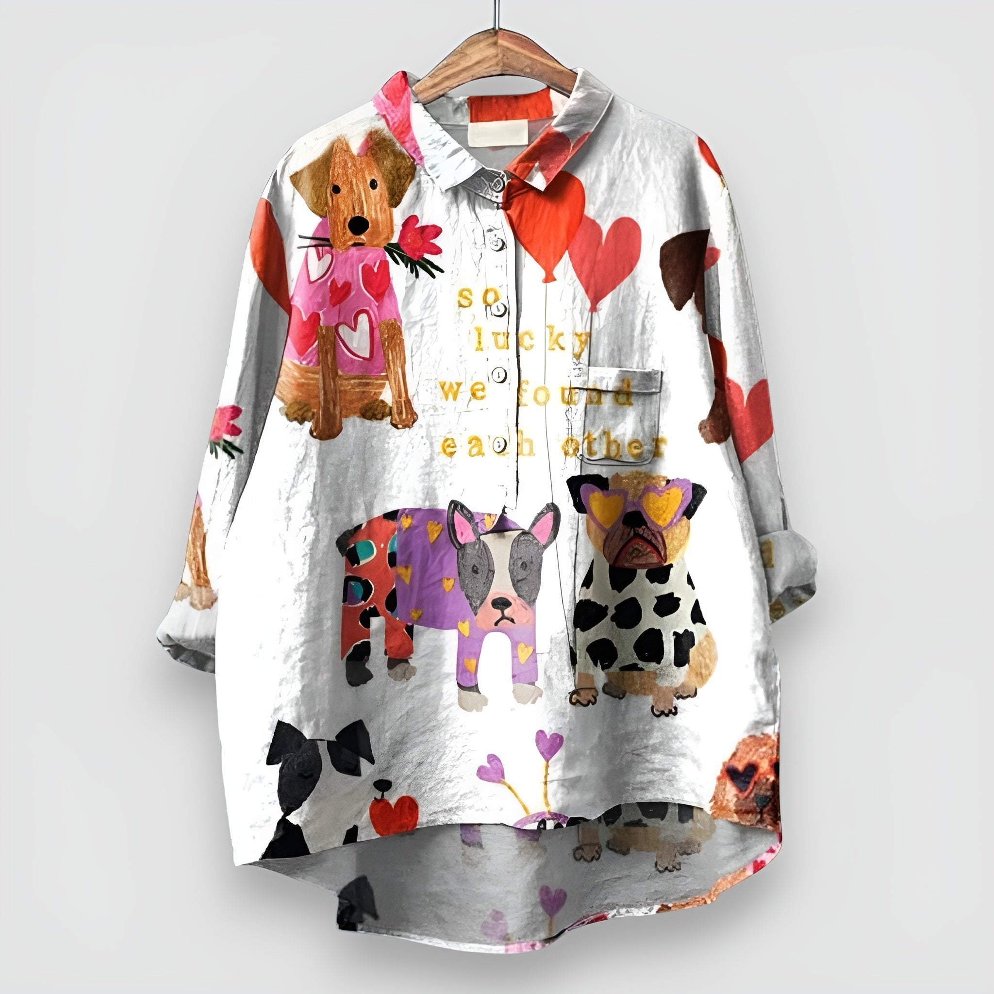 Women's Dog Print Long Sleeve Collared Button-Down Shirt - White 2