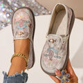 Women's Embroidered Floral Pearl-Detail Slip-On Loafers - Beige