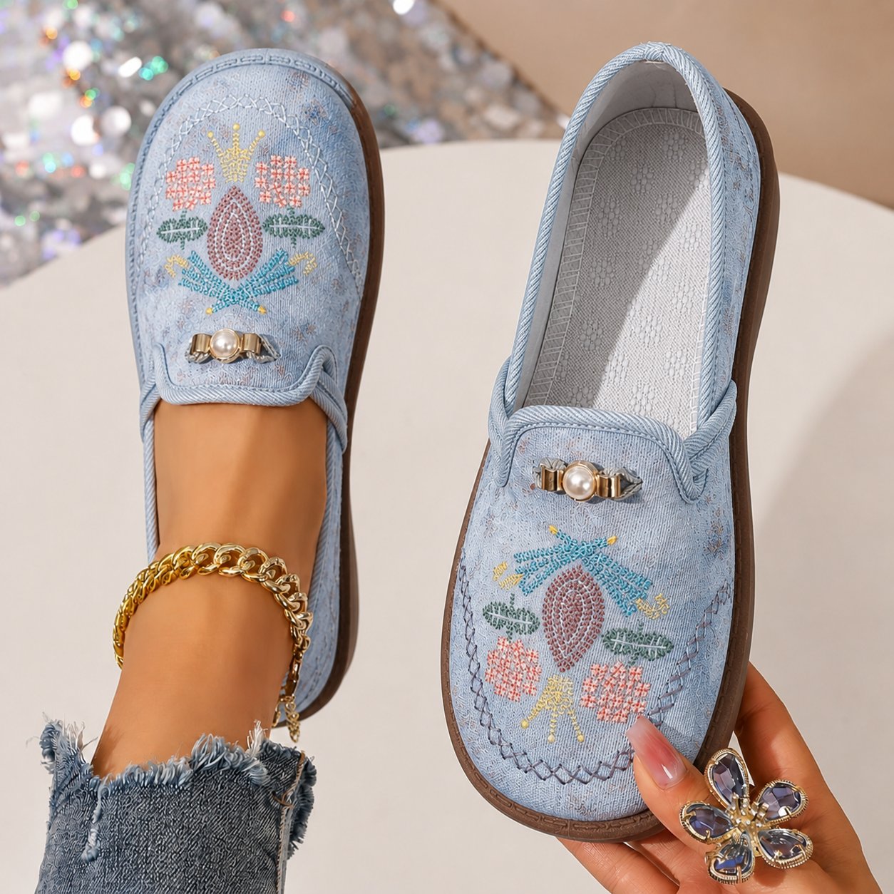 Women's Embroidered Floral Pearl-Detail Slip-On Loafers - Gray