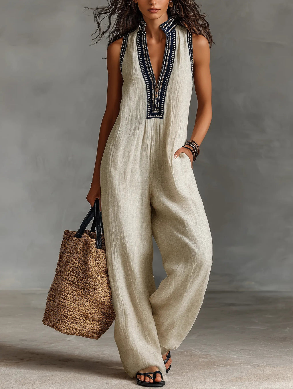 Women's Embroidered Linen Stand-Collar Sleeveless Jumpsuit - Photo Color