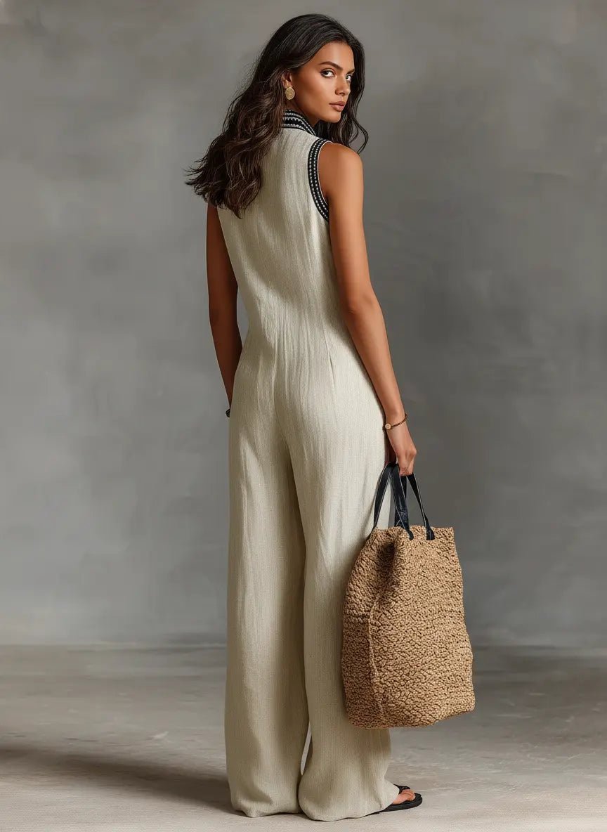 Women's Embroidered Linen Stand-Collar Sleeveless Jumpsuit
