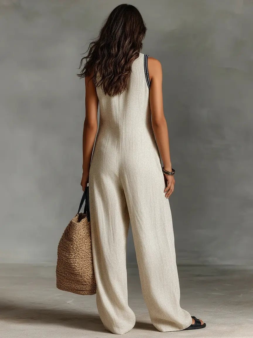 Women's Embroidered Linen Stand-Collar Sleeveless Jumpsuit
