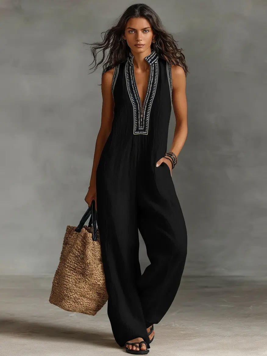 Women's Embroidered Linen Stand-Collar Sleeveless Jumpsuit - Black