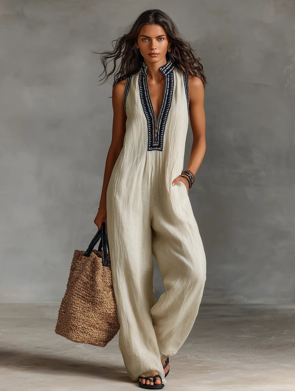 Women's Embroidered Linen Stand-Collar Sleeveless Jumpsuit