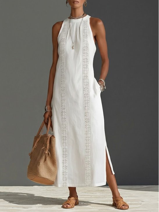 Women's Embroidered Sleeveless Round-Neck Midi Dress