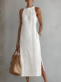 Women's Embroidered Sleeveless Round-Neck Midi Dress - White