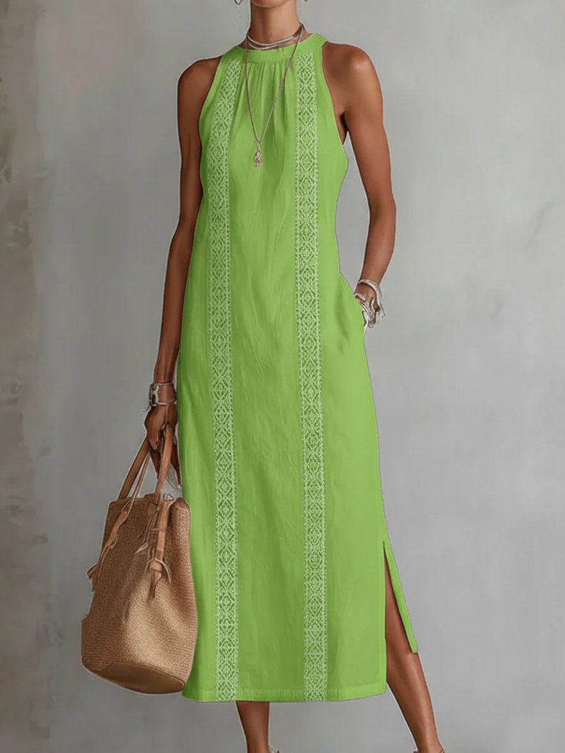 Women's Embroidered Sleeveless Round-Neck Midi Dress - Green