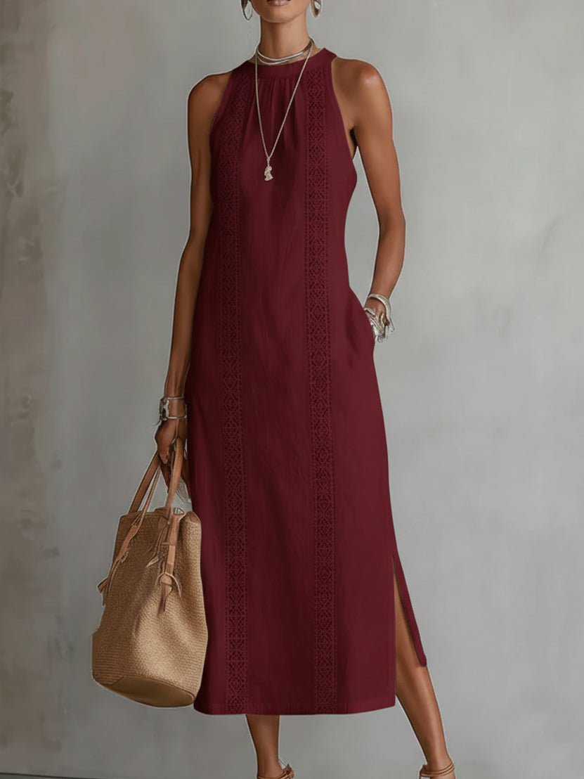Women's Embroidered Sleeveless Round-Neck Midi Dress - Red
