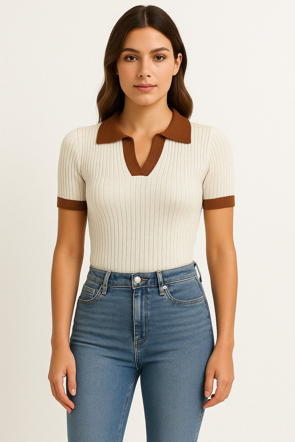 Women's Fitted Ribbed Polo Shirt Short Sleeve Contrast Trim