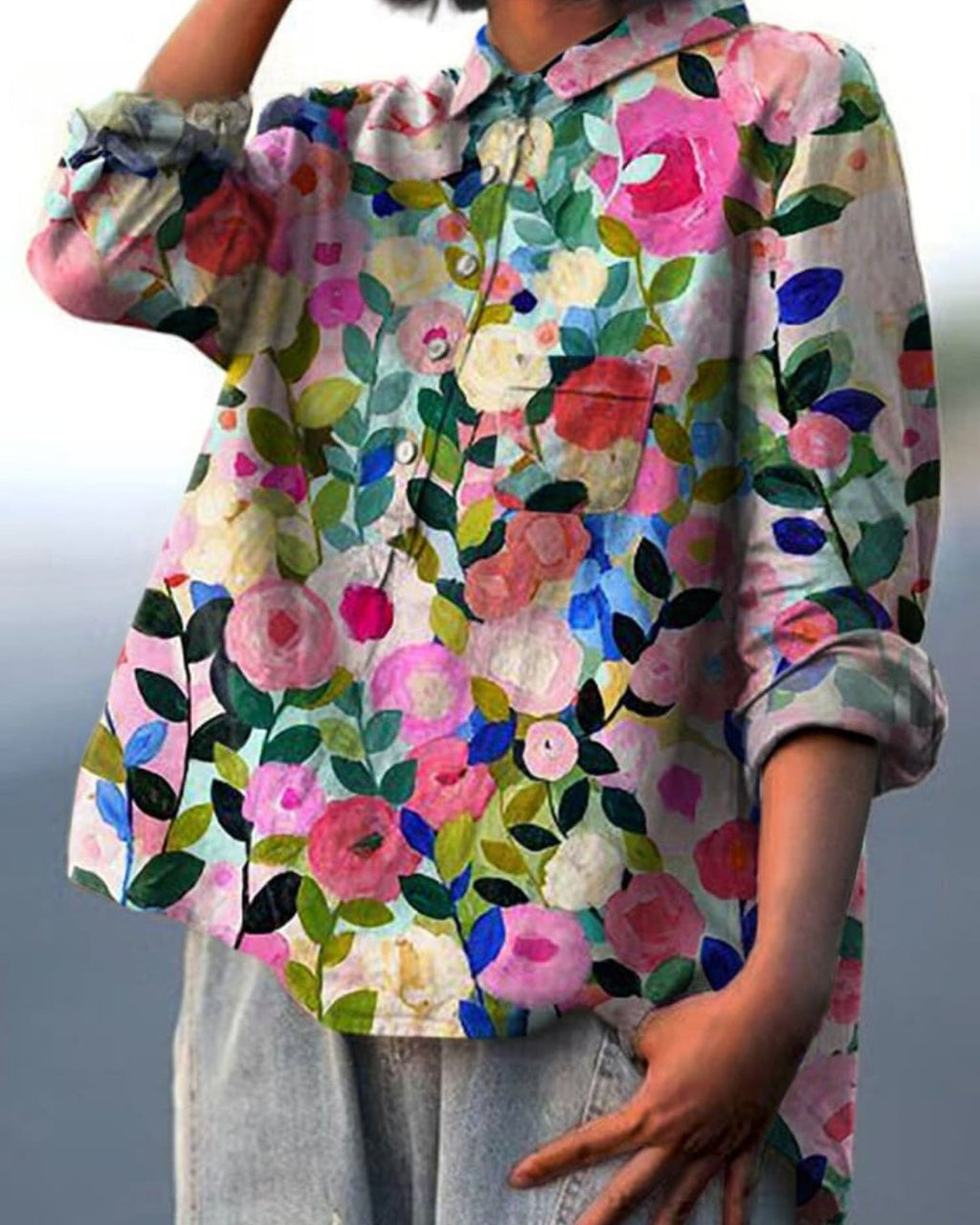 Women's Floral Blouse Button Front Long Sleeve