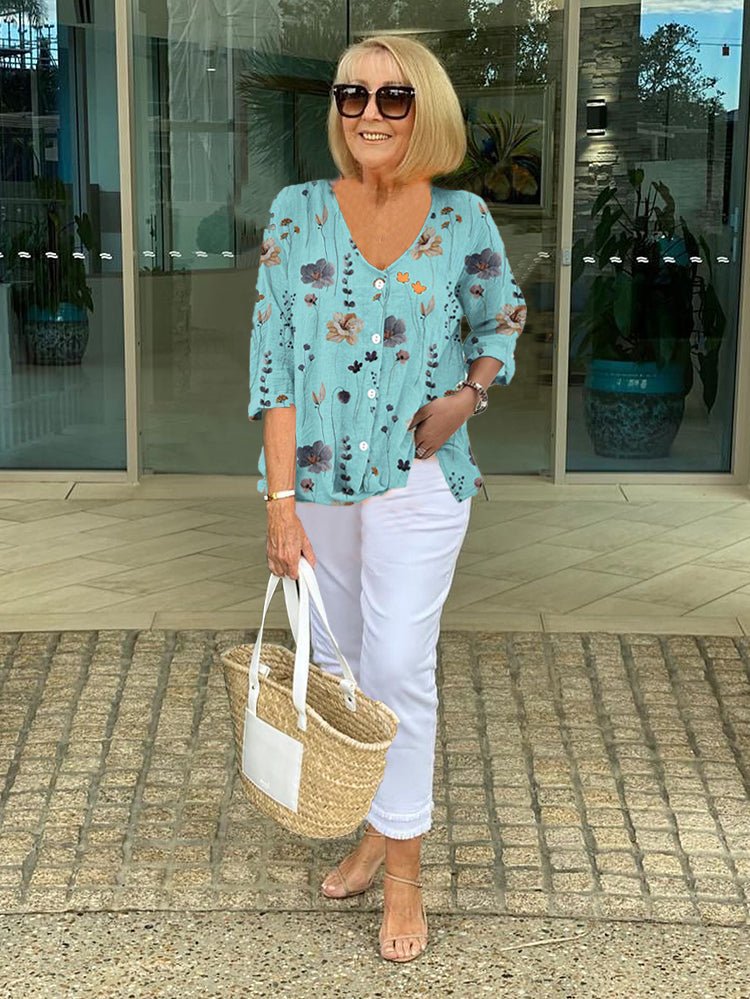 Women's Floral Blouse Three-Quarter Sleeve V-Neck - Blue