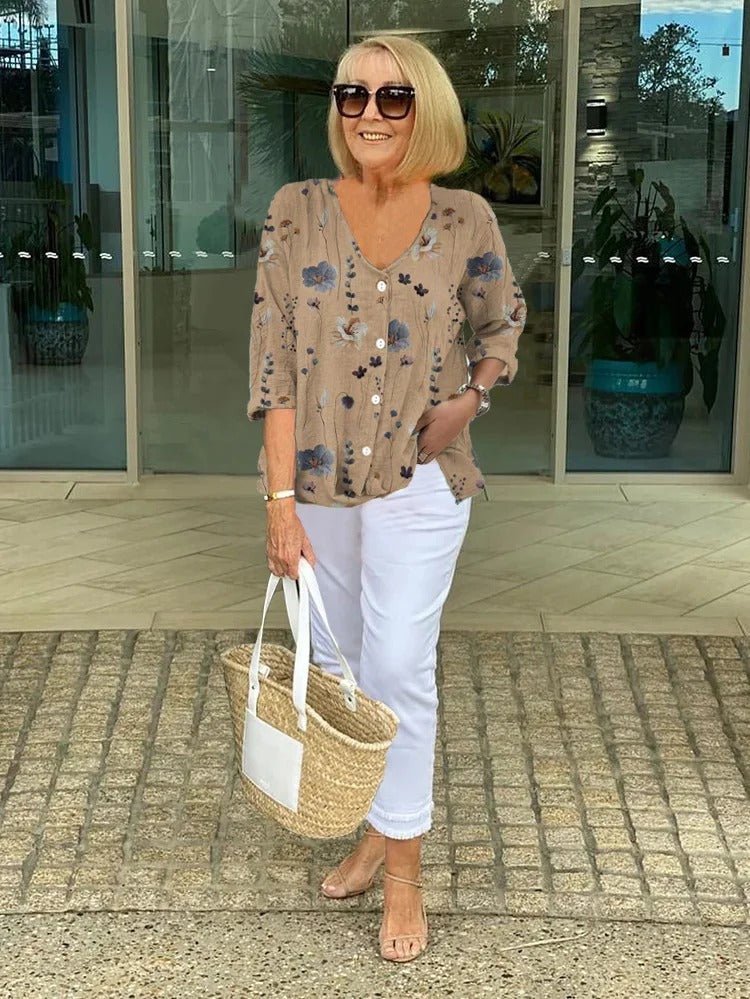 Women's Floral Blouse Three-Quarter Sleeve V-Neck - Khaki