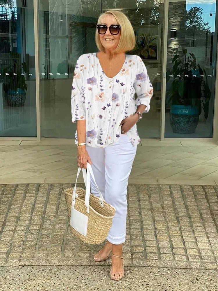 Women's Floral Blouse Three-Quarter Sleeve V-Neck - White