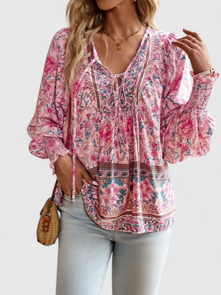 Women's Floral Boho Blouse V-Neck Puff Sleeve Top - Pink
