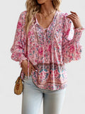 Women's Floral Boho Blouse V-Neck Puff Sleeve Top - Pink