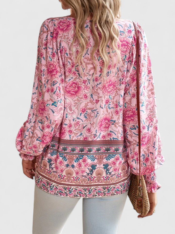 Women's Floral Boho Blouse V-Neck Puff Sleeve Top