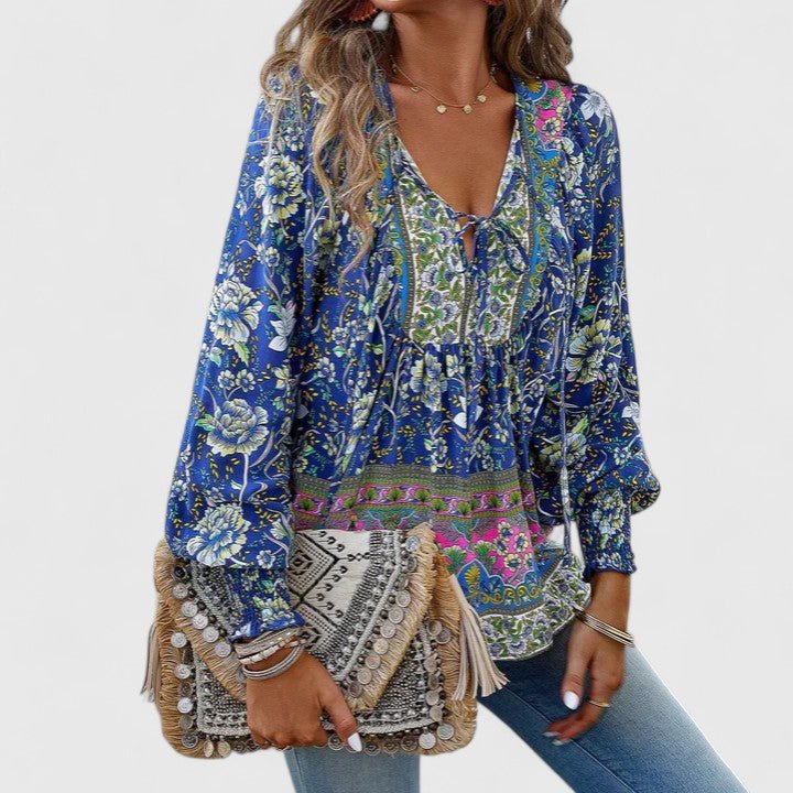 Women's Floral Boho Blouse V-Neck Puff Sleeve Top - Navy Blue