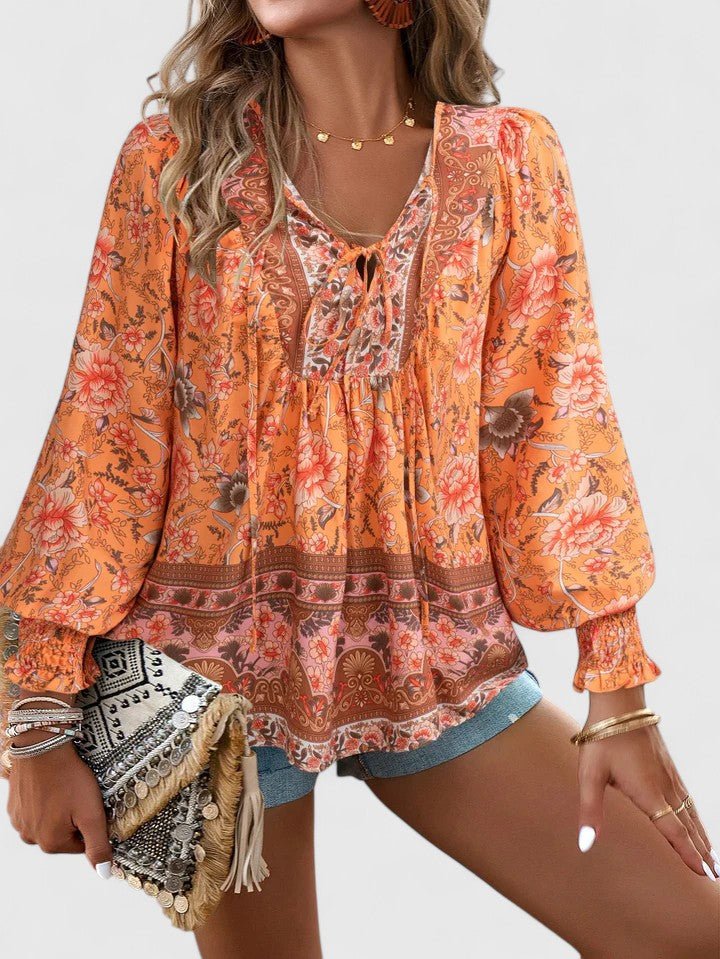 Women's Floral Boho Blouse V-Neck Puff Sleeve Top - Orange