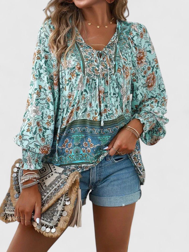 Women's Floral Boho Blouse V-Neck Puff Sleeve Top - Blue