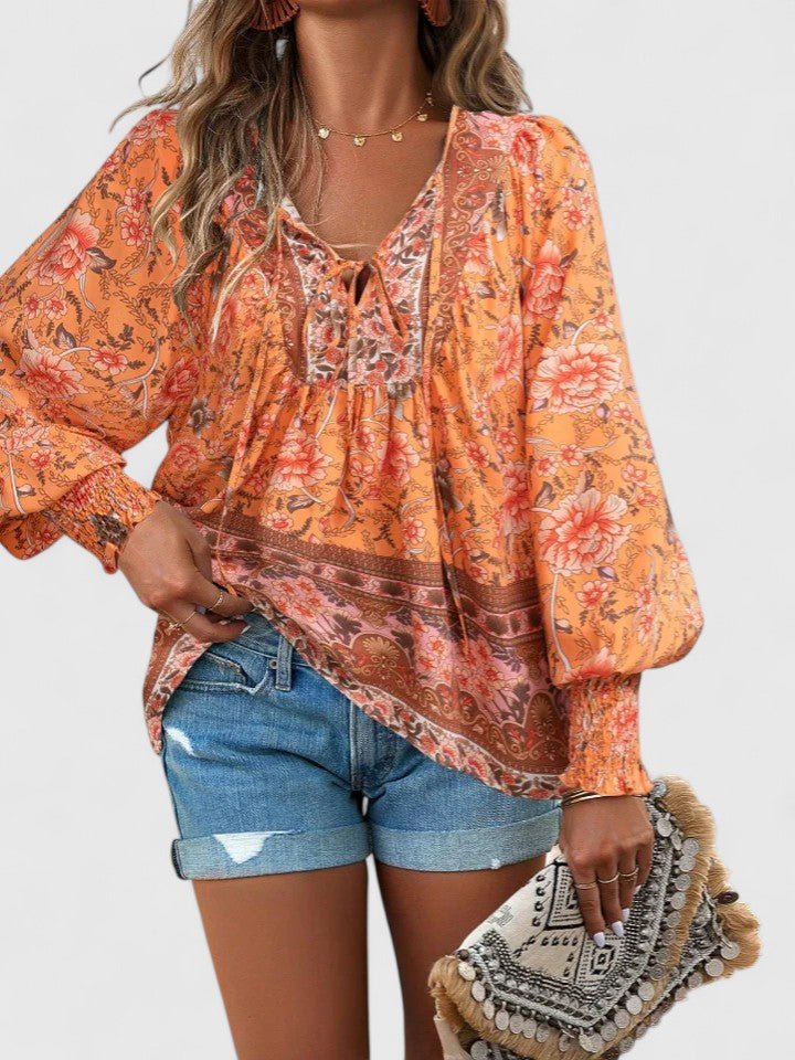 Women's Floral Boho Blouse V-Neck Puff Sleeve Top
