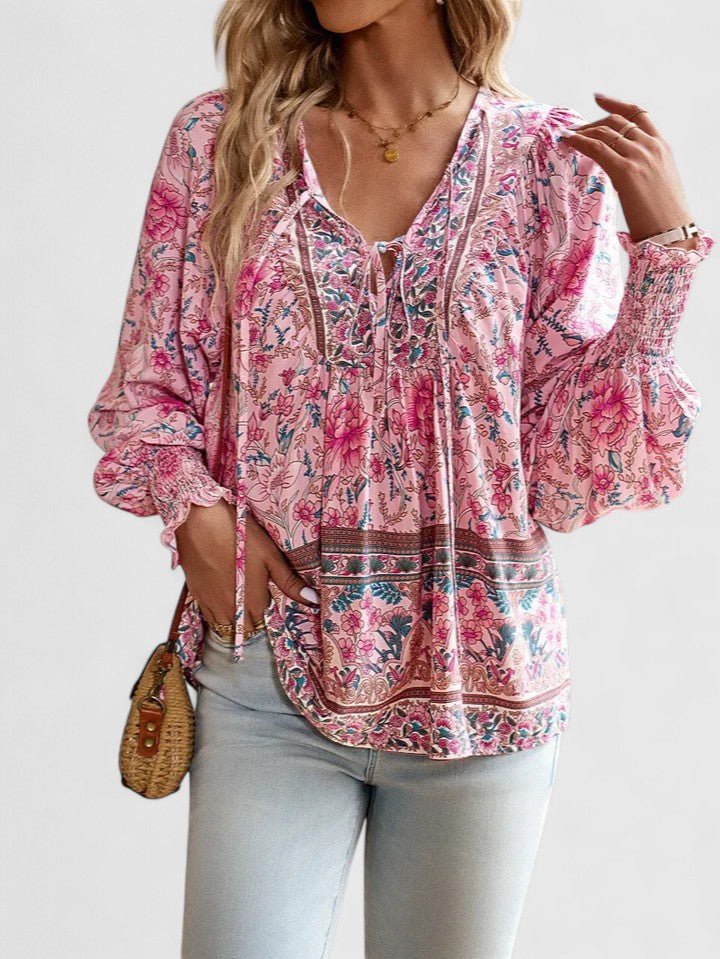 Women's Floral Boho Blouse V-Neck Puff Sleeve Top