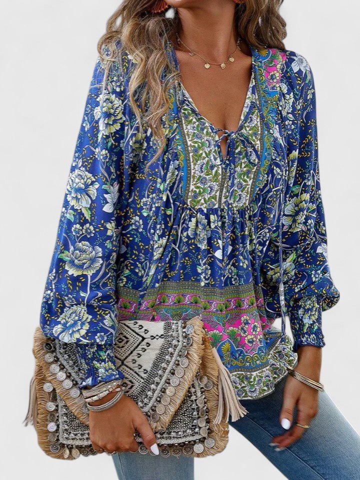 Women's Floral Boho Blouse V-Neck Puff Sleeve Top