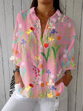 Women's Floral Button-Front Long-Sleeve Relaxed-Fit Blouse - Pink