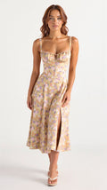 Women's Floral Corset Midi Dress with Side Slit - Yellow