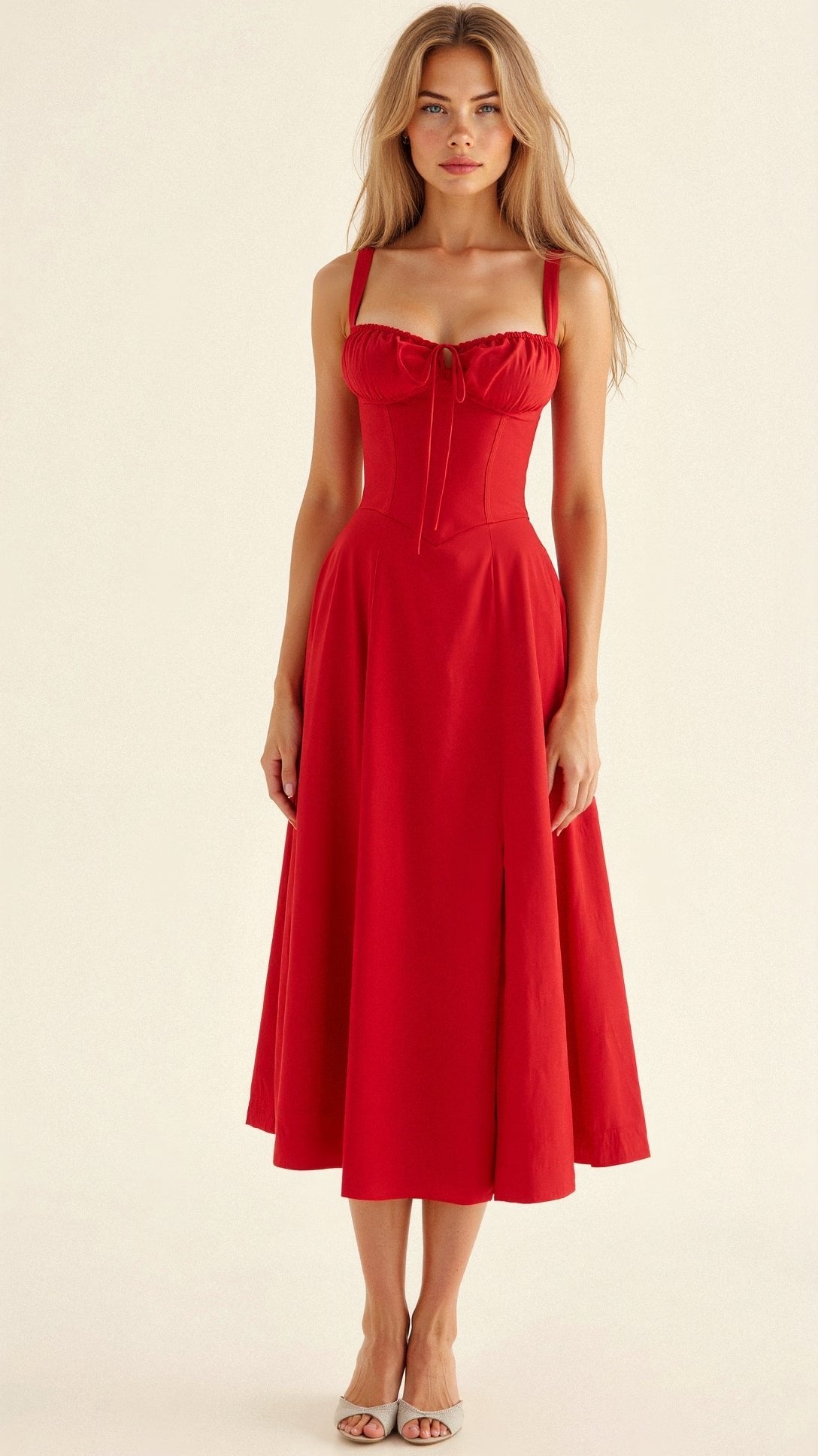 Women's Floral Corset Midi Dress with Side Slit - Red