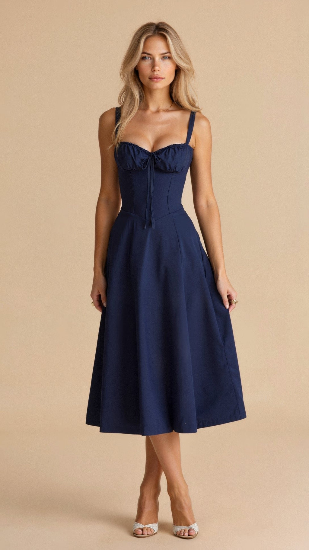 Women's Floral Corset Midi Dress with Side Slit - Navy Blue