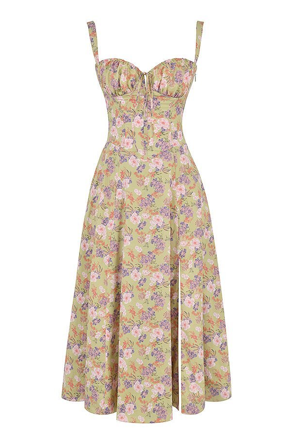 Women's Floral Corset Midi Dress with Side Slit
