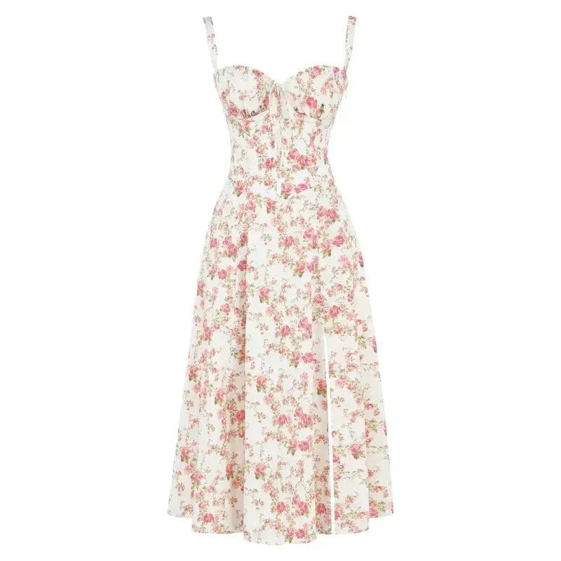 Women's Floral Corset Midi Dress with Side Slit
