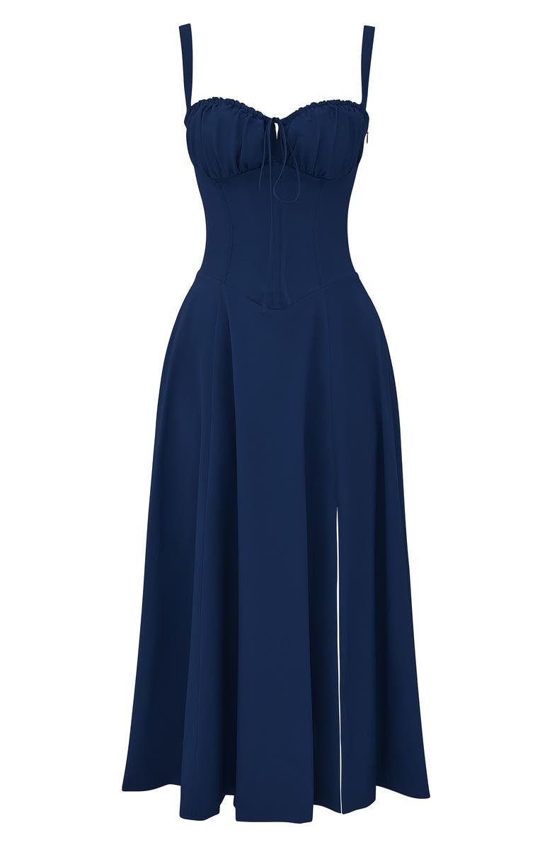Women's Floral Corset Midi Dress with Side Slit