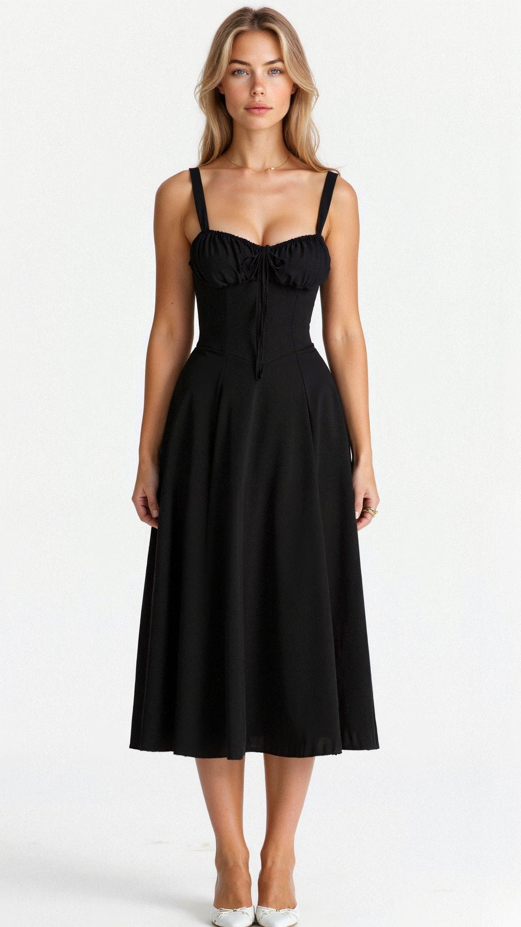 Women's Floral Corset Midi Dress with Side Slit - Black