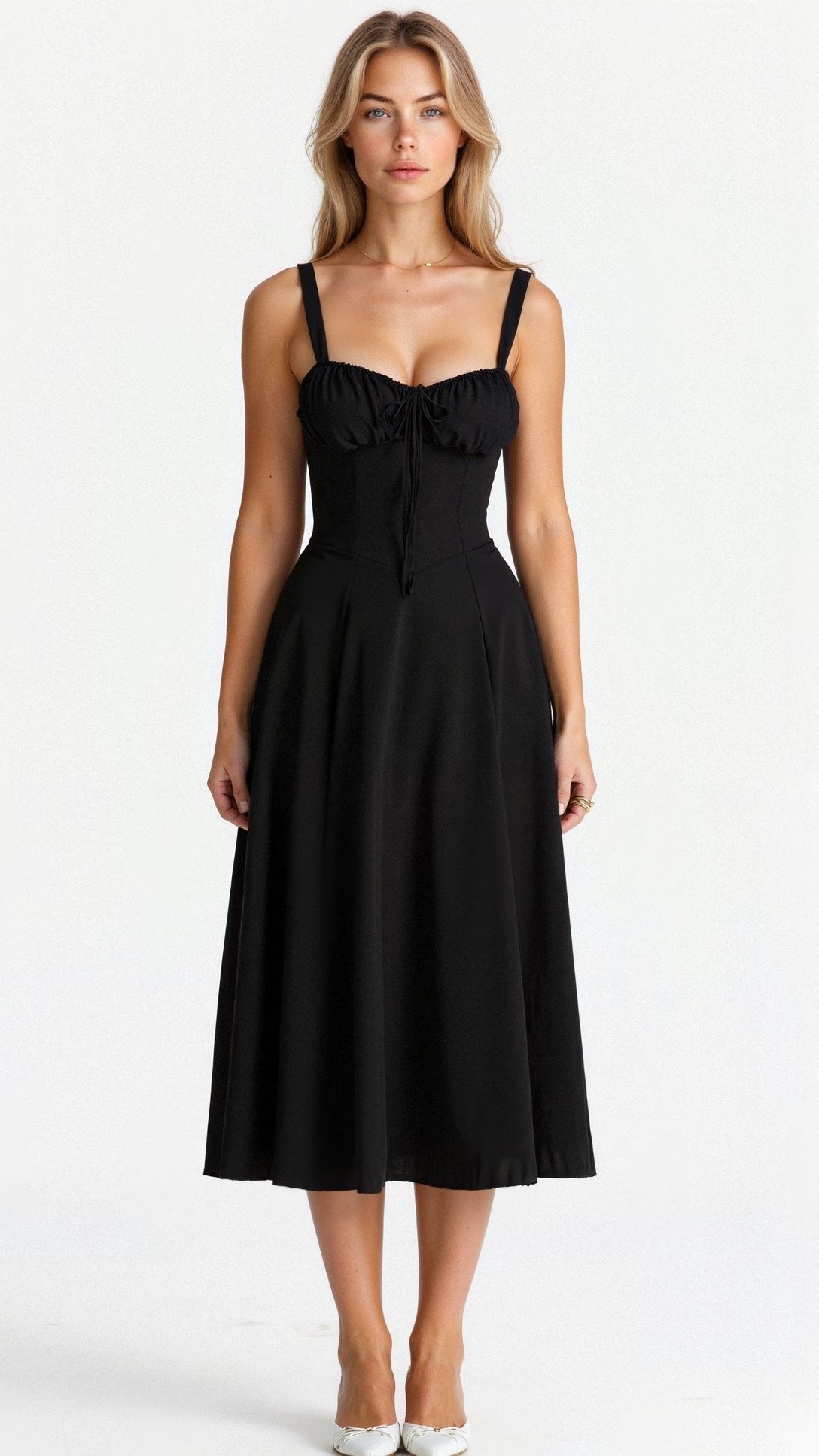 Women's Floral Corset Midi Dress with Side Slit - Black