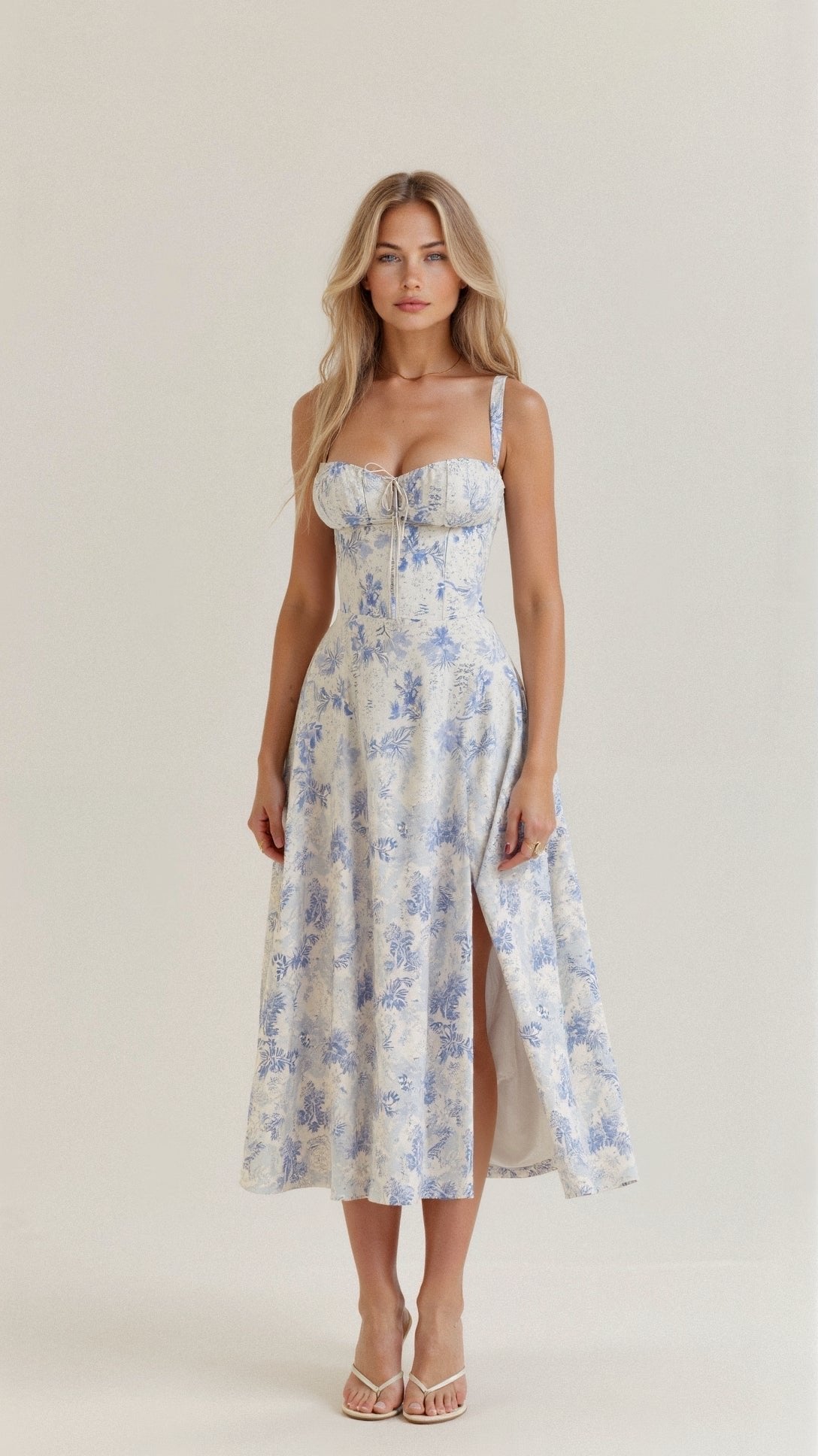 Women's Floral Corset Midi Dress with Side Slit - Blue