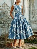Women's Floral Cotton-Linen Sleeveless Midi Dress - Blue