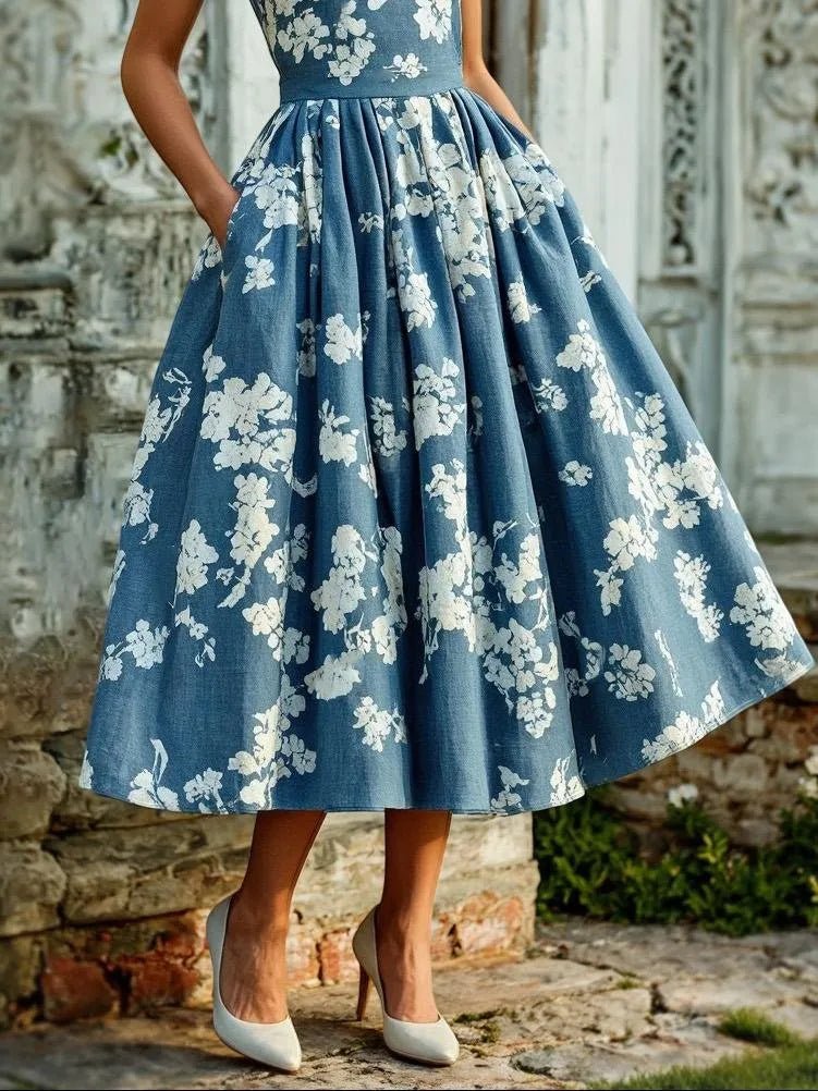 Women's Floral Cotton-Linen Sleeveless Midi Dress
