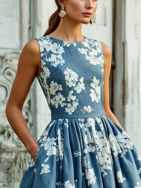 Women's Floral Cotton-Linen Sleeveless Midi Dress