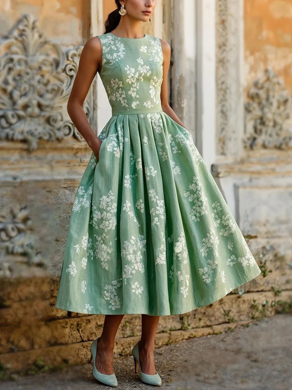 Women's Floral Cotton-Linen Sleeveless Midi Dress - Green
