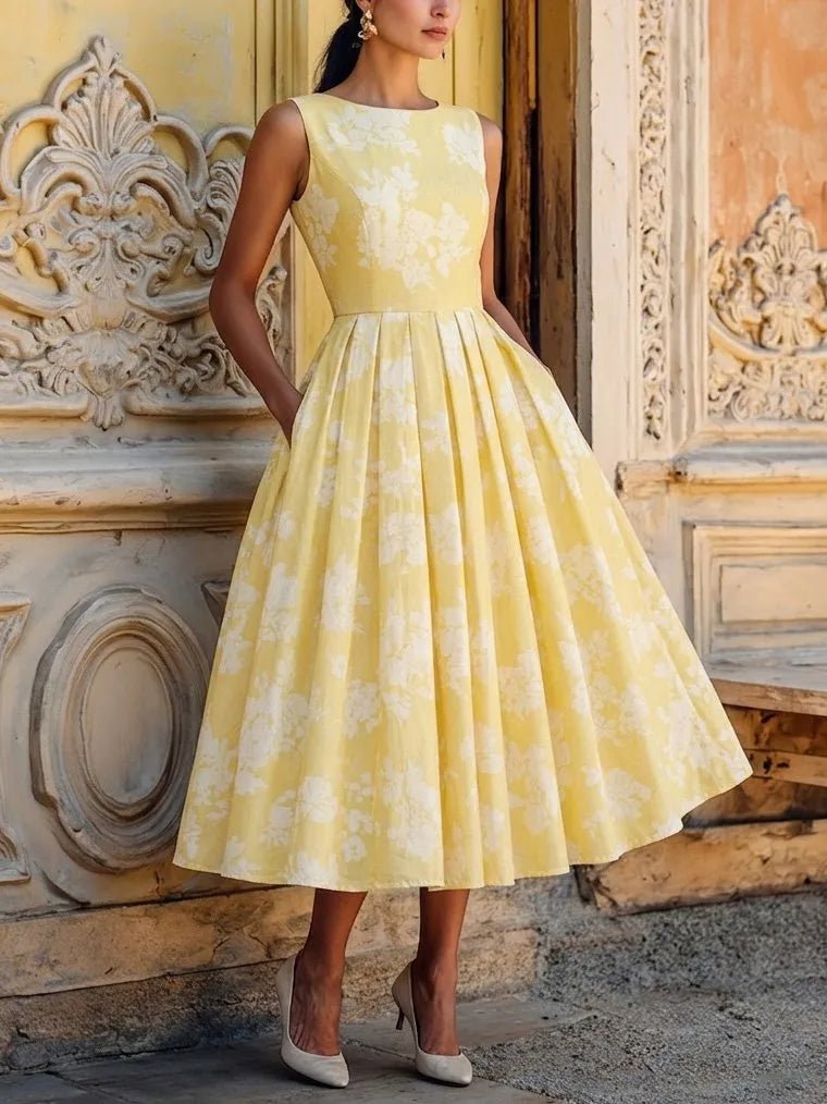 Women's Floral Cotton-Linen Sleeveless Midi Dress - Yellow