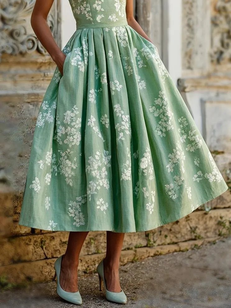 Women's Floral Cotton-Linen Sleeveless Midi Dress